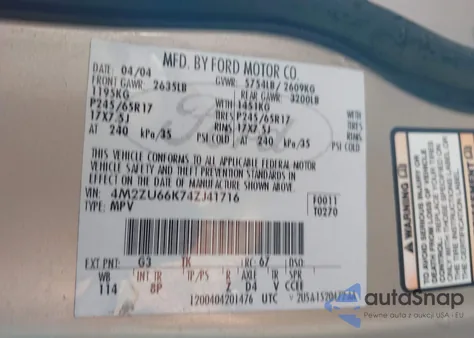 2004 Mercury Mountaineer from USA, damaged, VIN 4M2ZU66K74ZJ41716